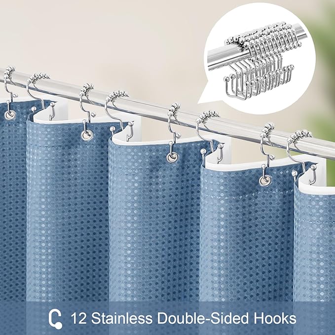 3 in 1 Long Moonlight Blue Shower Curtain Set-72 W x 78 H, Modern Waffle and PEVA Liner Set with 12 Stainless Steel Hooks, Waterproof Fabric for Bathroom