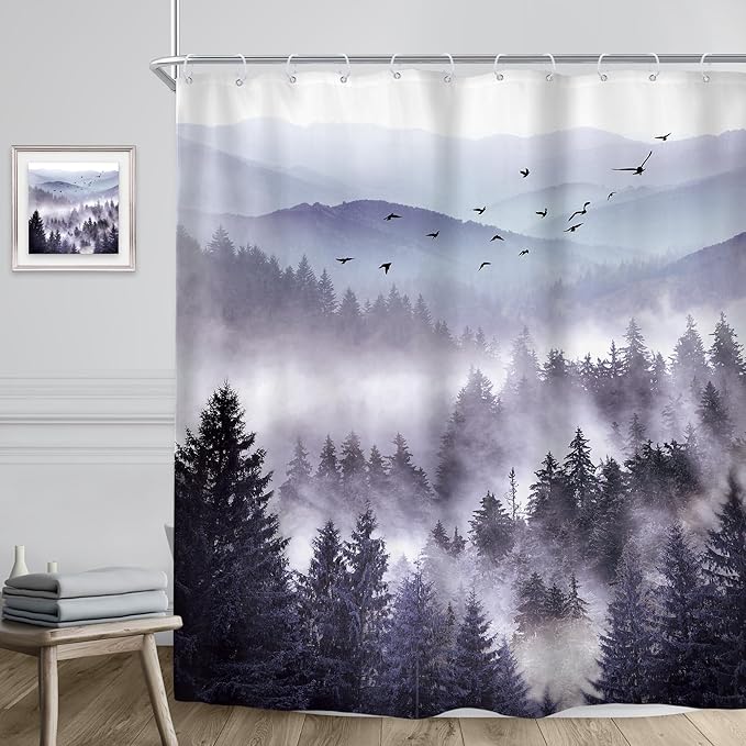 Riyidecor Purple Shower Curtain 72Wx96H Inch Extra Long Mountain Nature Woodland Scenery Park Scene View Foggy Pine Tree Alpine Cool Mens Bathroom Decor Fabric Polyester Waterproof 12 Pack Hooks