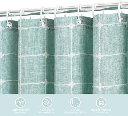 MitoVilla 72 x 84 Teal Blue Boho Extra Long Shower Curtain, Turquoise Farmhouse 84 inch XL Polyester Linen Texture Tassel Fabric Shower Curtain Set with Hooks for Cottagecore Country Bathroom Decor