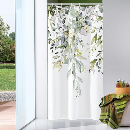 Gibelle Small Stall Shower Curtain 36 x 72, Narrow Half Sage Green Floral Fabric Shower Curtain, Watercolor Plant Eucalyptus Leaves Bathroom Curtains Shower Set