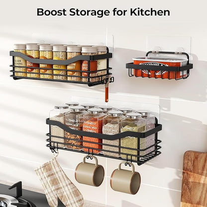 Orimade Shower Caddy Basket Soap Dish Holder Shelf with 5 Hooks Bathroom Organizer Shelf Kitchen Storage Rack Wall Mounted Adhesive No Drilling SUS304 Stainless Steel - 3 Pack,Black