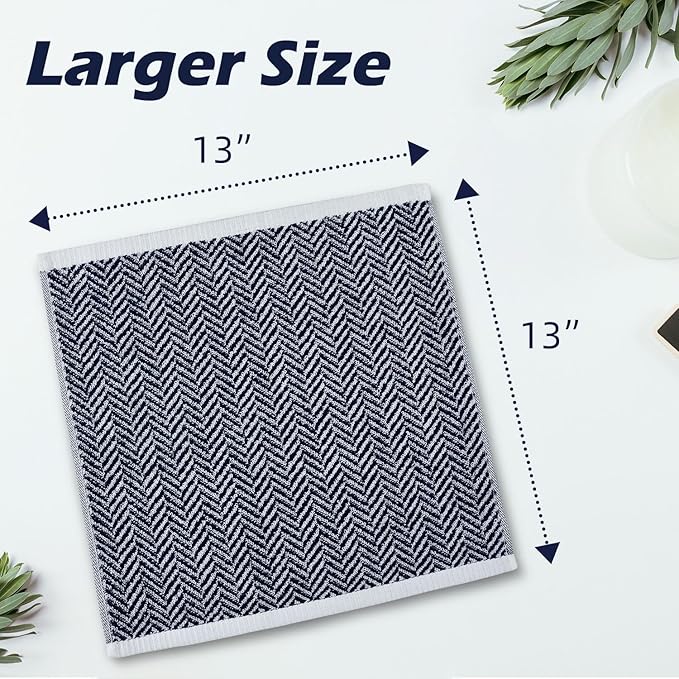 Cleanbear Wash Cloths for Showering with Striped Herringbone Patterns, 12 Cotton Washcloths for Bathroom, Large 13 X 13 Inches, Navy-Blue
