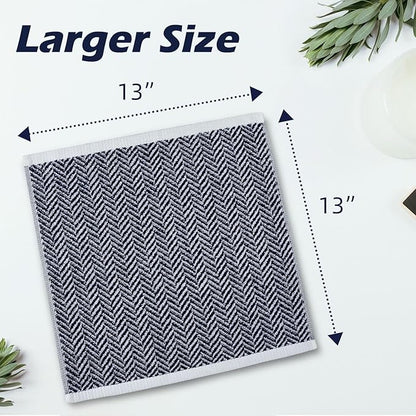 Cleanbear Wash Cloths for Showering with Striped Herringbone Patterns, 12 Cotton Washcloths for Bathroom, Large 13 X 13 Inches, Navy-Blue
