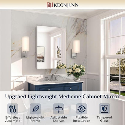 Keonjinn 24 x 32 Inch Silver Medicine Cabinet for Bathroom with Mirror, Assembly Required, Wall Mount or Recessed, Free Adjustable Shelves, Tempered Glass, Lightweight