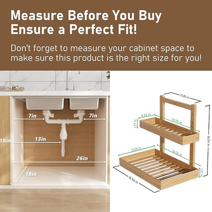 Bamboo Under Sink Organizer and Storage, 2 Tier Pull Out Cabinet Organizer, Slide Out Under Sink Storage Shelf, Undersink Organizers Shelves for Kitchen Bathroom Organization (Nature, 1 Pack)