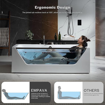 Empava Acrylic Whirlpool Bathtub, 71-Inch Jetted Bathtub with Heater, 10 Jets Hydromassage with Chromatherapy, 3-Side Apron with LED Control Panel, Waterfall, Brushed Nickel Hardware and Nozzle