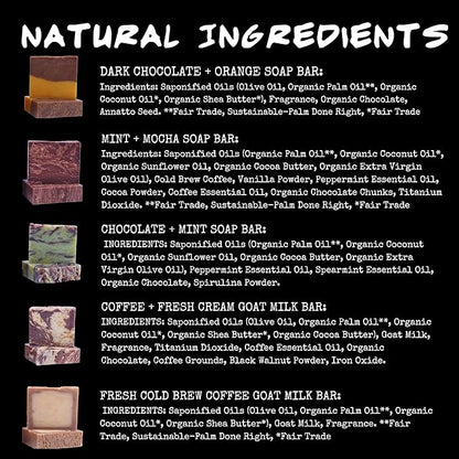 Bluebyrd Gourmet Assorted Handmade Soap Bars for Women & Men | Large, 25 oz Gift Set of 5 Natural Cleansing Bars - Chocolate Orange, Coffee, Mocha, Mint Chocolate | Vegan Soap Gift (Gourmet)