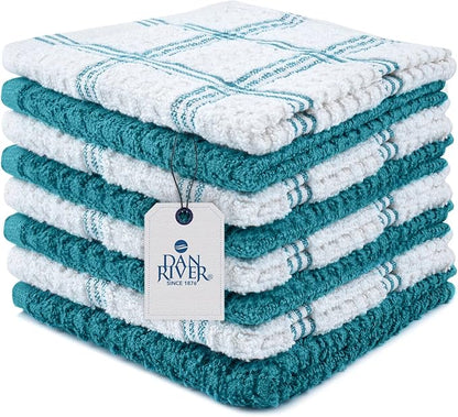 DAN RIVER Premium Dish Cloth 100% Cotton 12 X 12 Inches |Pack of 8|-Ultra Soft Tea Towels-Highly Absorbent Kitchen Rags-Terry Dishcloth for Kitchen and Household Cleaning |Teal|