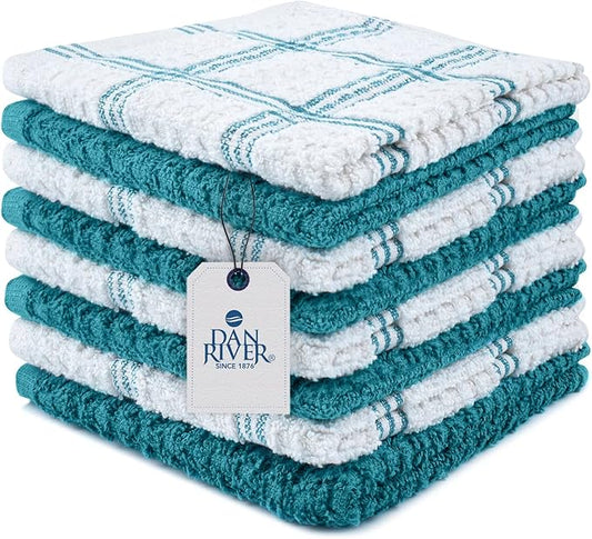 DAN RIVER Premium Dish Cloth 100% Cotton 12 X 12 Inches |Pack of 8|-Ultra Soft Tea Towels-Highly Absorbent Kitchen Rags-Terry Dishcloth for Kitchen and Household Cleaning |Teal|