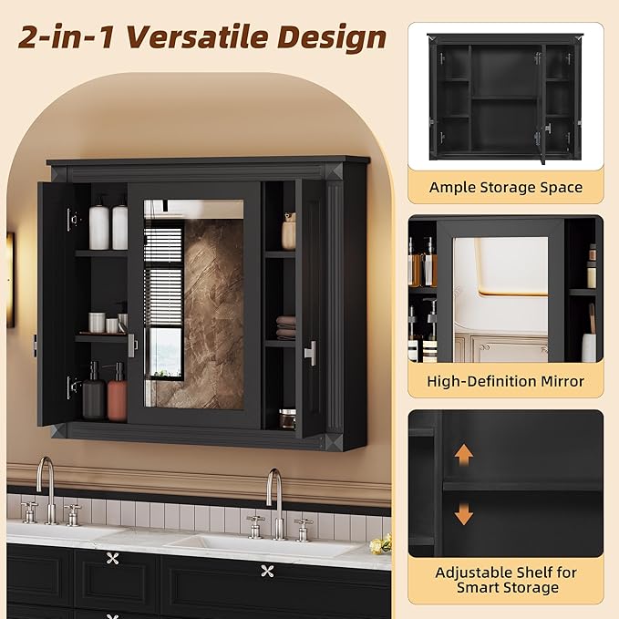Merax Wall Mounted Bathroom Medicine Cabinet with Mirror, Bathroom Wall Cabinet with Doors and Shelves, 34" x 29" Mirrored Door Over Toilet Storage Cabinet, Black