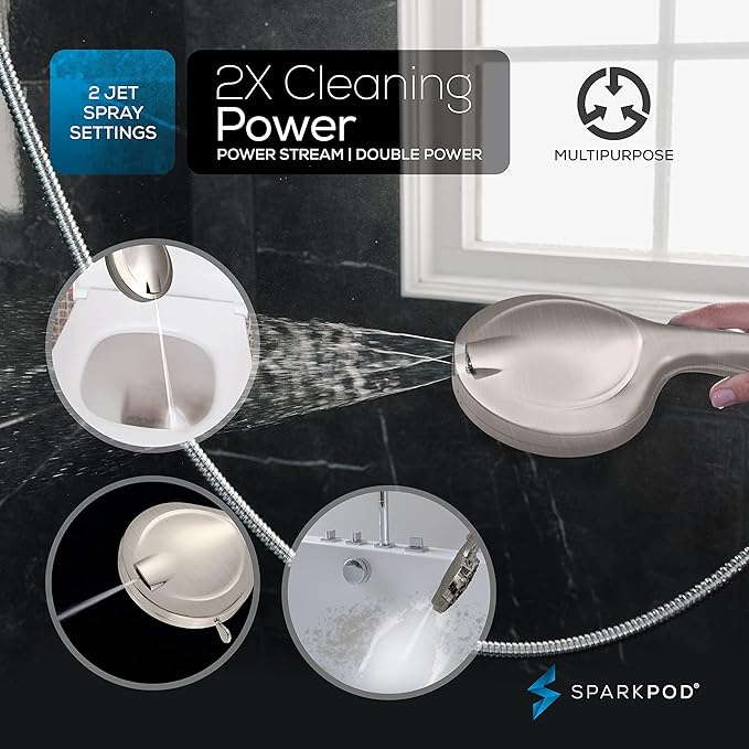 SparkPod 10-Mode Handheld Shower Head with Hose - 5" High Pressure Shower Head Set with Touch-to-Clean Nozzles, Built-In Power Jet, Stainless Steel 6ft Hose & Bracket (Brushed Nickel)