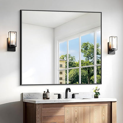 BONEWEI Bathroom Mirror,36x40 inch Wall Mirror for Bathroom Wall Mounted Black Rectangle Square Corner Mirrors, Black Bathroom Mirror for Living Room, Farmhouse, Bedroom Entryway, Horizontal/Vertical