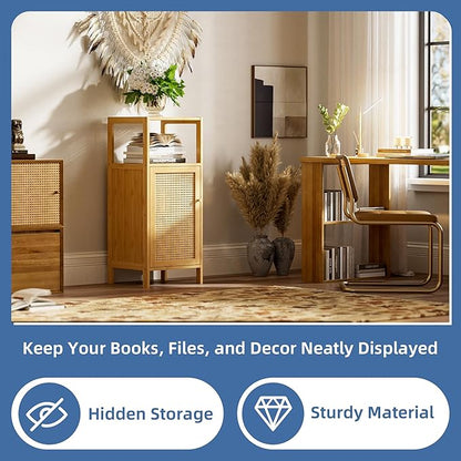 HITNET Rattan Bathroom Storage Cabinet, Small Bamboo Floor Cupboard with Door, Freestanding Narrow Side Organizer for Living Room, Kitchen, Entryway, Natural