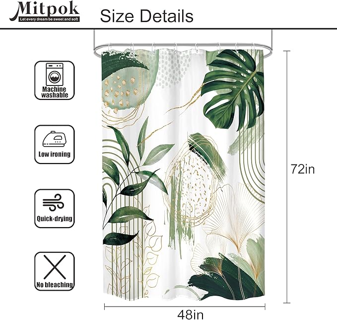 Sage Green Boho Shower Curtain 48Wx72H Small Stall Narrow Modern Abstract Mid Century Bohemian Tropical Palm Leaves Geometric Bathroom Decor Botanical Bath Curtain Fabric Polyester 8 Pack Hooks