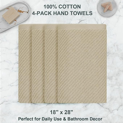 Beige Hand Towels, Hand Towels for Bathroom Set of 4, Large 18"x 28" - 100% Cotton | Lightweight | Thick | Quick Dry | Soft | Absorbent, Luxury Towel Set, Bathroom Essentials, Dark Beige