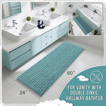 Yimobra Bathroom Runner Rug 60x24 Inch - Extra Long Non Slip Chenille Bath Mat, Soft & Absorbent, Machine Washable Shaggy Hallway Carpet for Vanity Tub Shower, Teal Blue Home Decor Accessories