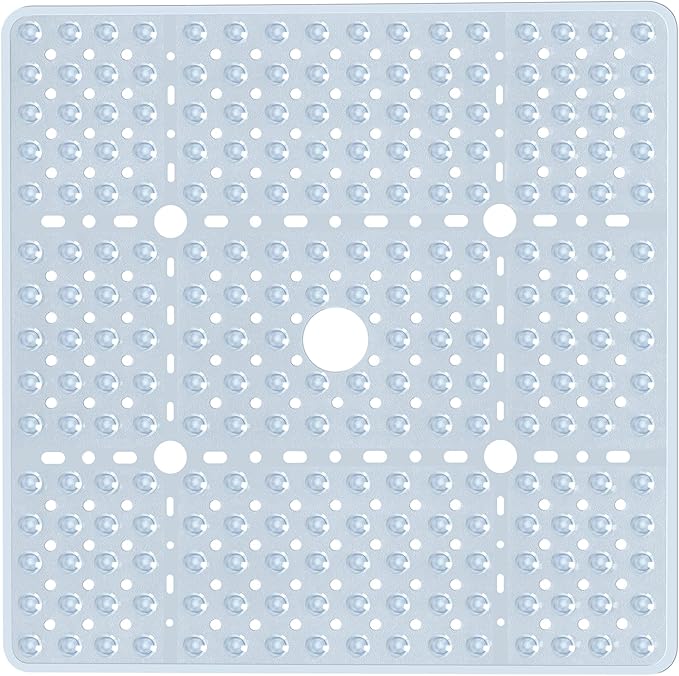 Large Clear Square Shower Mat Non Slip 27 x 27 Inch, Soft Bath Mat Bathtub Mat for Inside Shower Bathroom Floor, Shower Stall Mats with Big Suction Cups Drain Holes, Easy Washable, BPA-Free