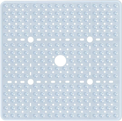 Large Clear Square Shower Mat Non Slip 27 x 27 Inch, Soft Bath Mat Bathtub Mat for Inside Shower Bathroom Floor, Shower Stall Mats with Big Suction Cups Drain Holes, Easy Washable, BPA-Free