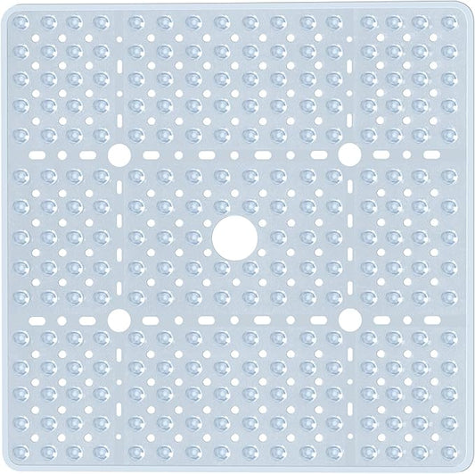 Large Clear Square Shower Mat Non Slip 27 x 27 Inch, Soft Bath Mat Bathtub Mat for Inside Shower Bathroom Floor, Shower Stall Mats with Big Suction Cups Drain Holes, Easy Washable, BPA-Free