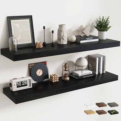 55 Inch Long Floating Shelves for Wall Set of 2, 12"D Wood Grain Bathroom Shelves with Invisible Brackets, Easy Install Engineered Wood Storage Shelves for Kitchen, Living Room, Bedroom, Black Finish