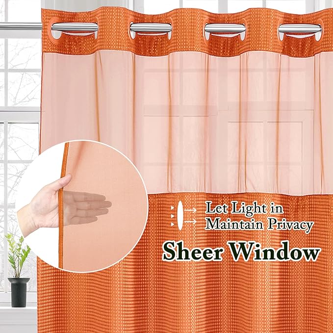 Gibelle No Hook Waffle Weave Shower Curtain with Snap-in Fabric Liner Set for Bathroom, Hotel Style with Mesh Top Window, Waterproof & Washable, Burnt Orange, 72x74