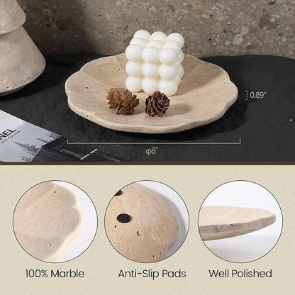 Koville Travertine Tray, 8" Round Marble Vanity Tray for Jewelry Trinket Perfume, Natural Stone Tray for Bathroom Kitchen Dresser Countertop, Scalloped Decorative Tray for Home Table Decor(Beige)