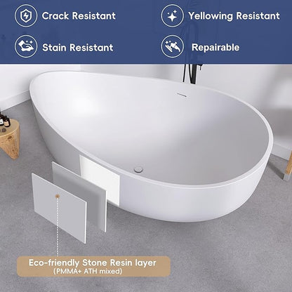 SJ STAR&JANE 71" Solid Surface Freestanding Bathtub, Oval Soaking Stone Resin Tub Couple Tub with Overflow and Pop-up Drain for Modern Bathrooms