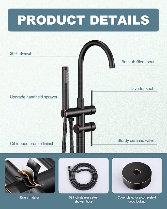 Freestanding Tub Filler Faucet Bronze: High Flow Brass Floor Mount Bathtub Filler, Swivel Gooseneck Spout with Single Handheld Sprayer for Bathroom Shower, Oil Rubbed Bronze