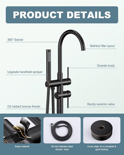 Freestanding Tub Filler Faucet Bronze: High Flow Brass Floor Mount Bathtub Filler, Swivel Gooseneck Spout with Single Handheld Sprayer for Bathroom Shower, Oil Rubbed Bronze