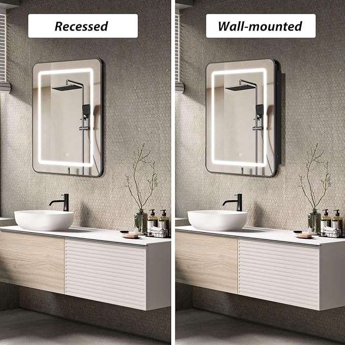 APRILSOUL 24X30 Inch Black Bathroom Medicine Cabinet with Mirror, Recessed or Surface Lighted Medicine Cabinet with 3 Colors Temperature, Dimmable Light
