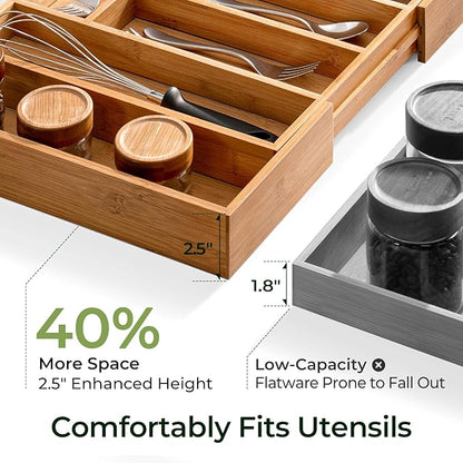Carbonized Large Bamboo Kitchen Drawer Organizer, 12 Slots Expandable Silverware Organizer, Utensil Holder & Cutlery Tray, 2.5" Deep for Extra Capacity, Non-Slip Feet Included