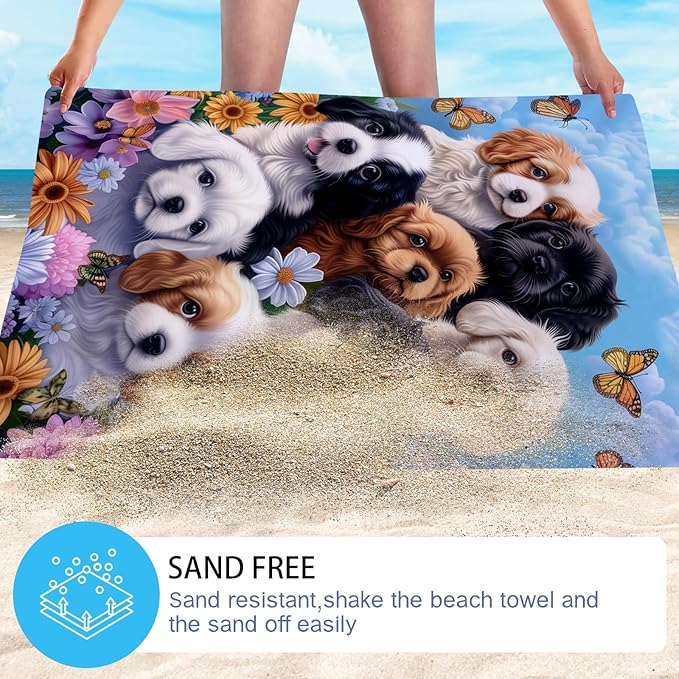 WZOMT Microfiber Dog Beach Towel, Cute Dog Bath Towels, Funny Puppy and Flowers Blue Pattern Print Towels for Kids Adults, Quick Dry Absorbent Pool/Swim/Travel/Yoga Towel, Oversized 32"x52"