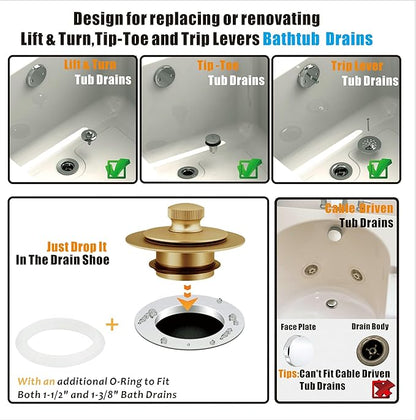 Artiwell Bath Tub Drain Trim Set Conversion Kit Assembly, With Easy Installation Lift and Turn Twist Bathdrain Stopper and Two Holes Tub Drain Overflow Faceplate,Fit Most Bath Drains, Champagne Bronze