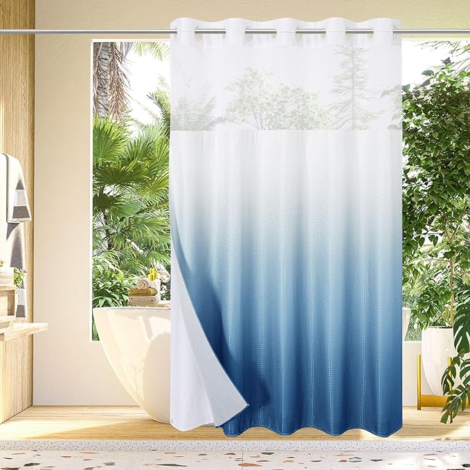 Gibelle No Hook Waffle Weave Shower Curtain with Snap-in Fabric Liner Set for Bathroom, Hotel Style with Mesh Top Window, Waterproof & Washable, Ombre Blue, 72x74