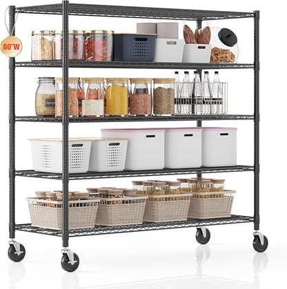 Homdox 5 Tier Storage Racks and Shelving, 24"x60"x82" Heavy Duty Metal Shelves for Storage, 3000LBS Commercial Adjustable Wire Shelving Unit on Wheels for Garage, Pantry, Kitchen, Warehouses, Black