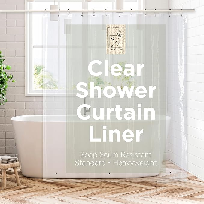 Stitch & Stone Shower Curtain Liner, Premium Heavyweight Durable Waterproof 8g PEVA for Bathroom with Weighted Magnets, Standard Size 72" x 72", Clear 1 Pack