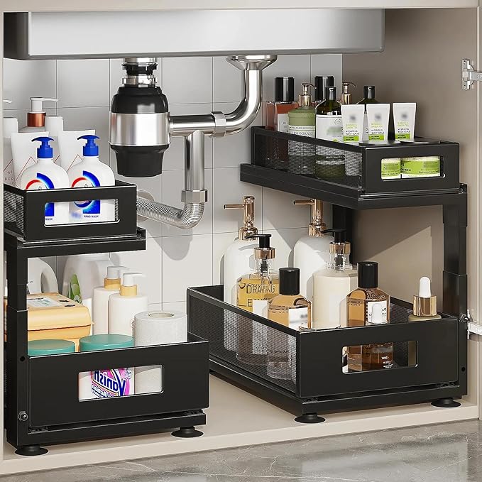 2 Pack Under Sink Organizer with Next-Gen Ball-Bearing Slides,2-Tier Pull Out Cabinet Storage,Height Adjustable Drawer Shelf for Bathroom,Kitchen,Laundry,Cabinet,Pantry(Patent Pending)
