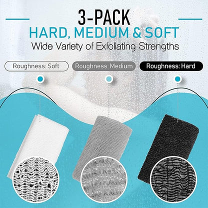 Hula Home Exfoliating Body Washcloth Variety Pack (3pc) - Soft, Medium & Hard - Nylon Body Scrub Cloth - Ideal Bath Shower Back Scrubber for Men & Women - Enhances Skin Beauty