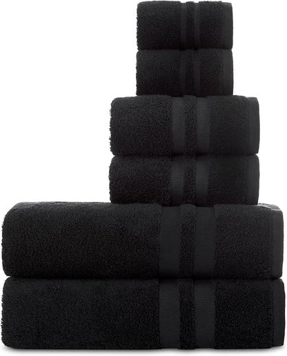 Premium 6 Piece Towel Set, 2 Bath Towel, 2 Hand Towels, 2 Washcloths, 100% Turkish Cotton Soft Absorbent Towels (Black, 6 Piece Towel Set)