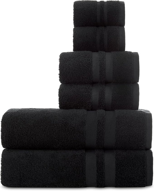 Premium 6 Piece Towel Set, 2 Bath Towel, 2 Hand Towels, 2 Washcloths, 100% Turkish Cotton Soft Absorbent Towels (Black, 6 Piece Towel Set)