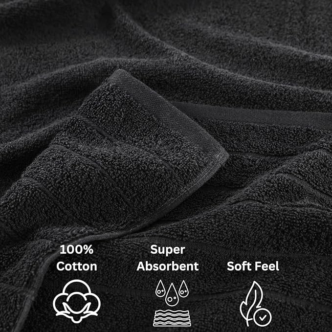 Casa Platino 100% Mercerized Cotton Luxury Bathroom Towels Set - 8 Piece - Ring Spun Technology - 2 Bath, 4 Washcloths, 2 Hand Towels - Remains Soft & Absorbent Even After Multiple Washes - Black
