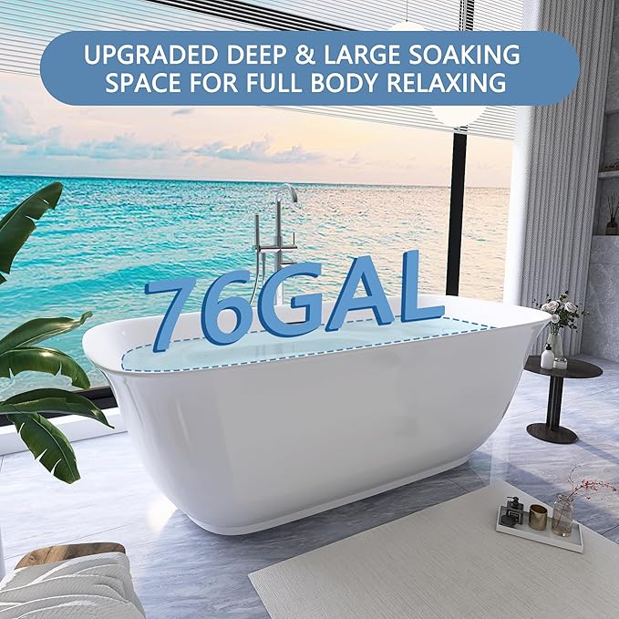 67" Free Standing Tub, Pure Acrylic Freestanding Bathtub, Stylish Stand Alone Contemporary Deep Soaking Bath Tub, cUPC Certified SY6270 (Glossy White)