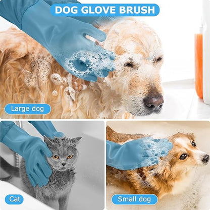 Dog Washing Gloves | Pet Grooming Gloves | Extra Long Arms (17.3") for Cats & Dogs | Massage & Hair Removal Pet Glove (Hazy Blue)