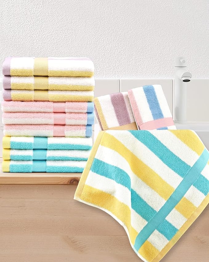 Jacquotha Cotton 12 Pack Striped Washcloths, 13 x 13 Inches, 3 Colors - Face and Body Cleansing Towels