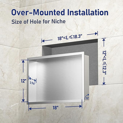 Stainless Steel Shower Niche 18" X 12" Brushed No Tile Needed Niche Shower Recessed Wall Horizontal Niches for Bathroom Storage Over Mount Installation