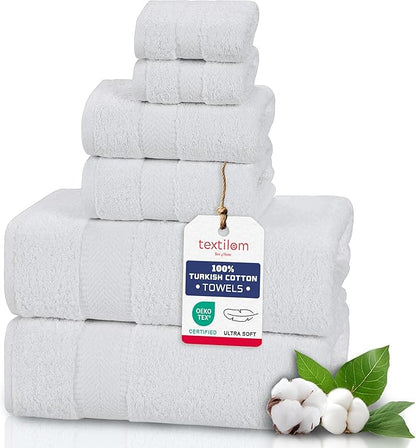 TEXTILOM 6 Pcs Bath Towel Set – Hotel and Spa Quality & Soft & Absorbent & Quick Dry Bath Towels for Bathroom –100% Turkish Cotton Bathroom Towels Set (2 Bath Towels,2 Hand Towels,2 Washcloths)-White