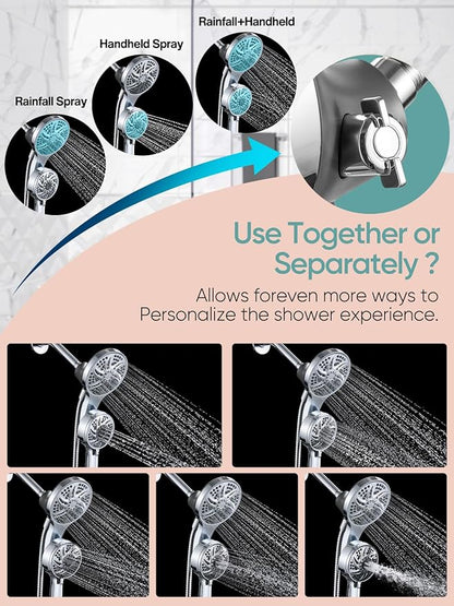Cobbe High Pressure 3-Way Shower Head Combo, Hand Held Shower & Rain Shower Separately or Together, Dual 2 in 1 Showerhead with Stainless Steel Hose - Chrome