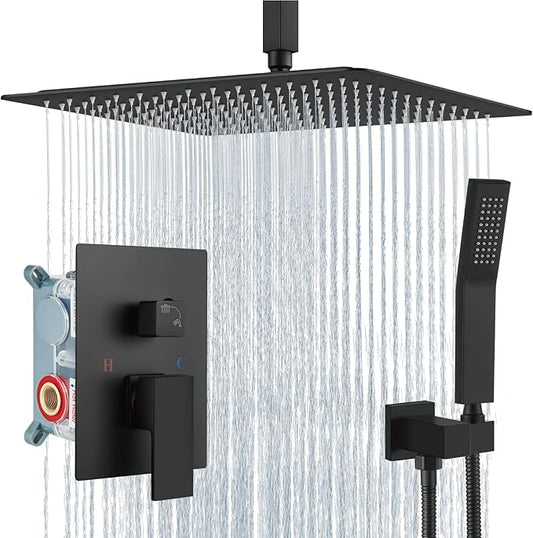 Aolemi Matte Black Ceiling Mount Rain Shower Head with Handheld Spray and High Pressure Faucet Set, Includes 16 Inch Shower Head and Trim Kit