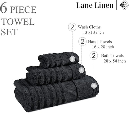 LANE LINEN 6-Piece Bath Towel Set – 100% Cotton, Quick Dry, Zero Twist, Ribbed, Luxury Towels, Includes 2 Large Bath Towels, 2 Hand Towels, 2 Washcloths, Premium Everyday Use - Black