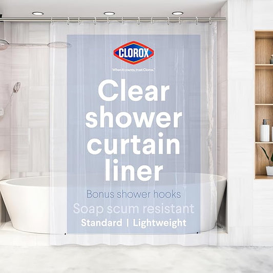 Clorox Shower Curtain Liner & Hooks, Premium Lightweight Flexible Waterproof 4g PEVA for Bathroom with Weighted Magnets, Standard Size 70" x 72", Clear 1 Pack